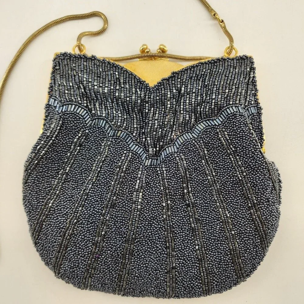 Vintage Ed B Robinson Beaded‎ Handbag Clutch with Gold Strap Small Purse Blue